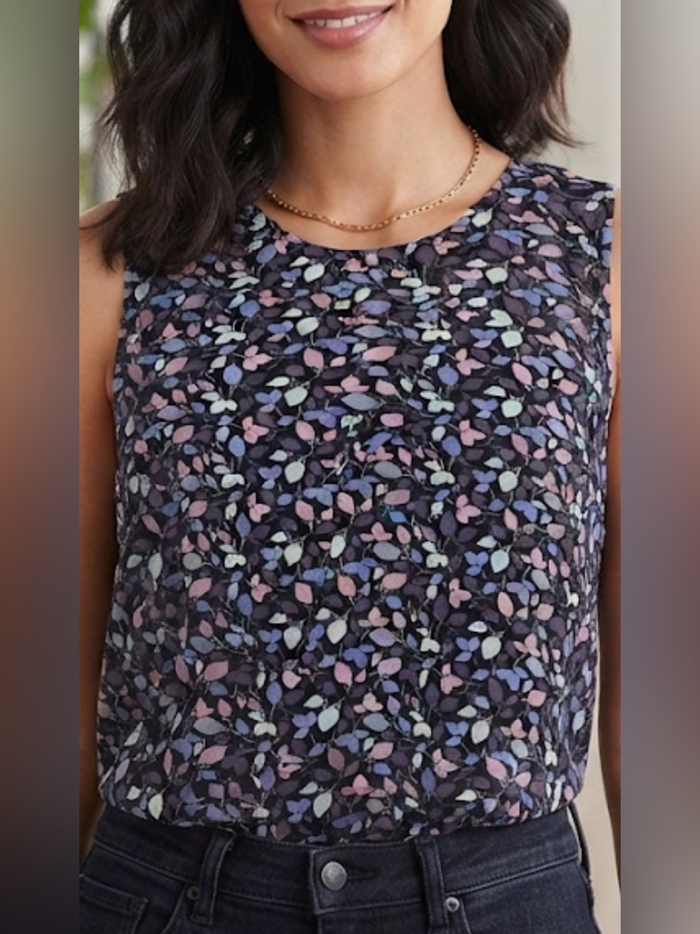 Anne Klein Black Floral Sleeveless Tank with Pastel Leaf Print